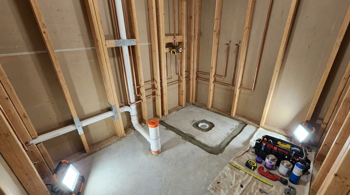 Bathroom rough-in plumbing during remodel by Johns Plumbing LLC in Hemlock