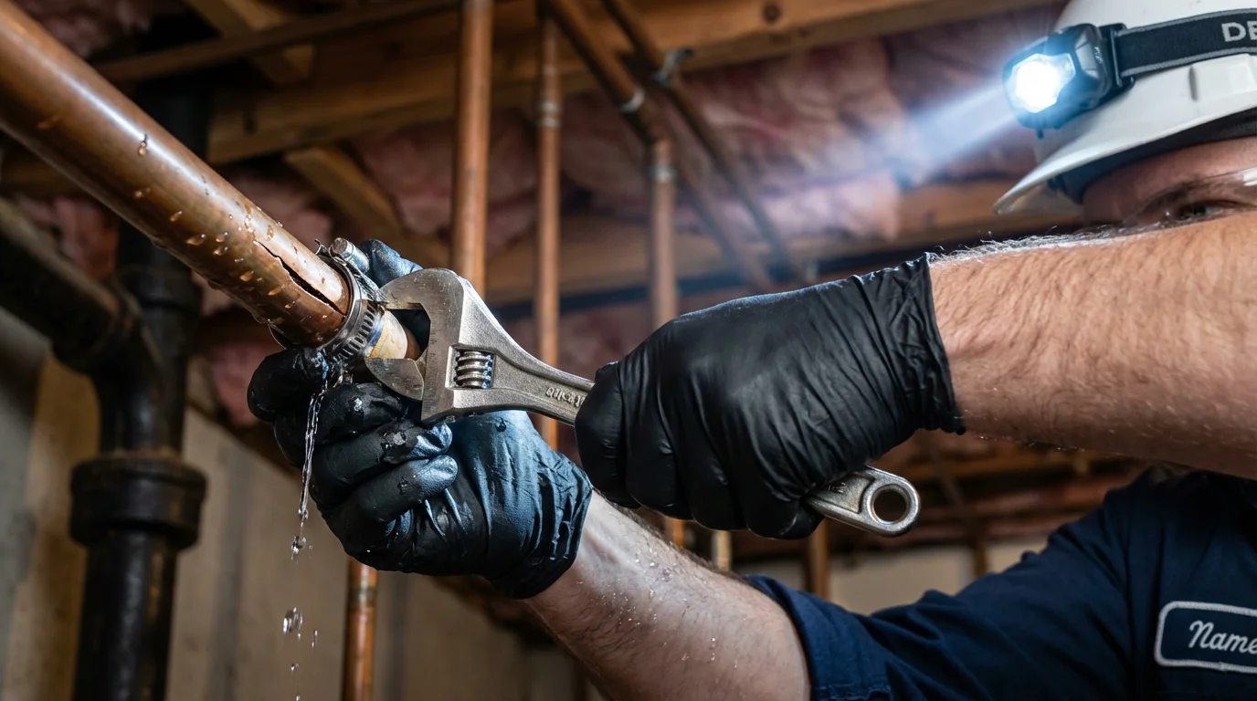 Emergency pipe clamp repair being performed by a Johns Plumbing LLC plumber in Hemlock
