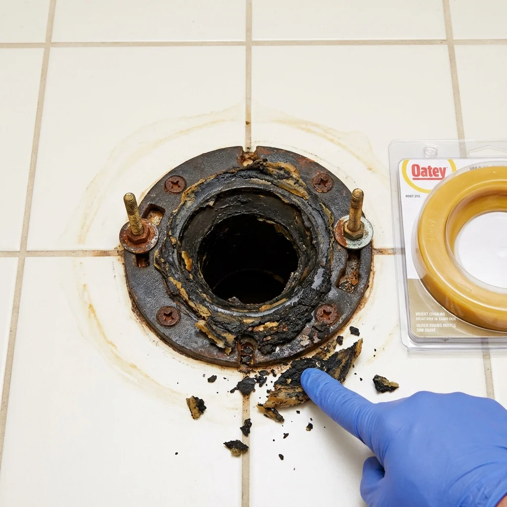 Failed wax ring showing water seepage at the base of a toilet in a Hemlock, MI home