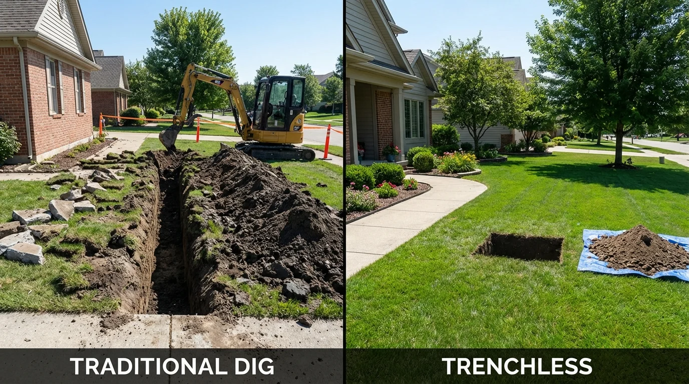 Trenchless sewer repair with minimal yard damage versus traditional excavation in Hemlock, MI