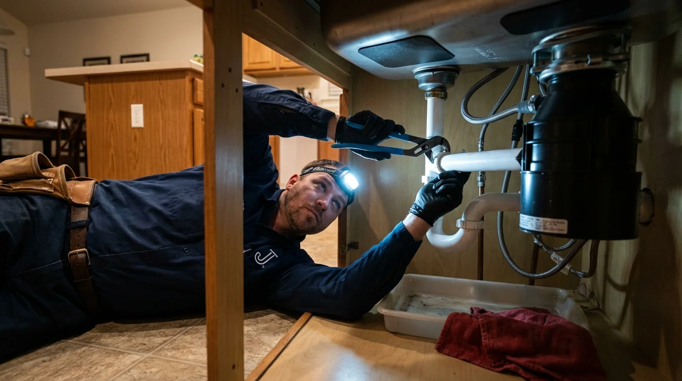 P-trap and supply line connections under a kitchen sink showing a common leak point in Hemlock, MI